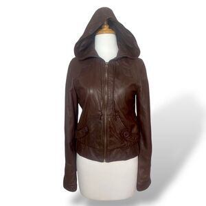 Mike & Chris Women's Genuine Leather Full Zipper Hooded Jacket Size M Brown USA